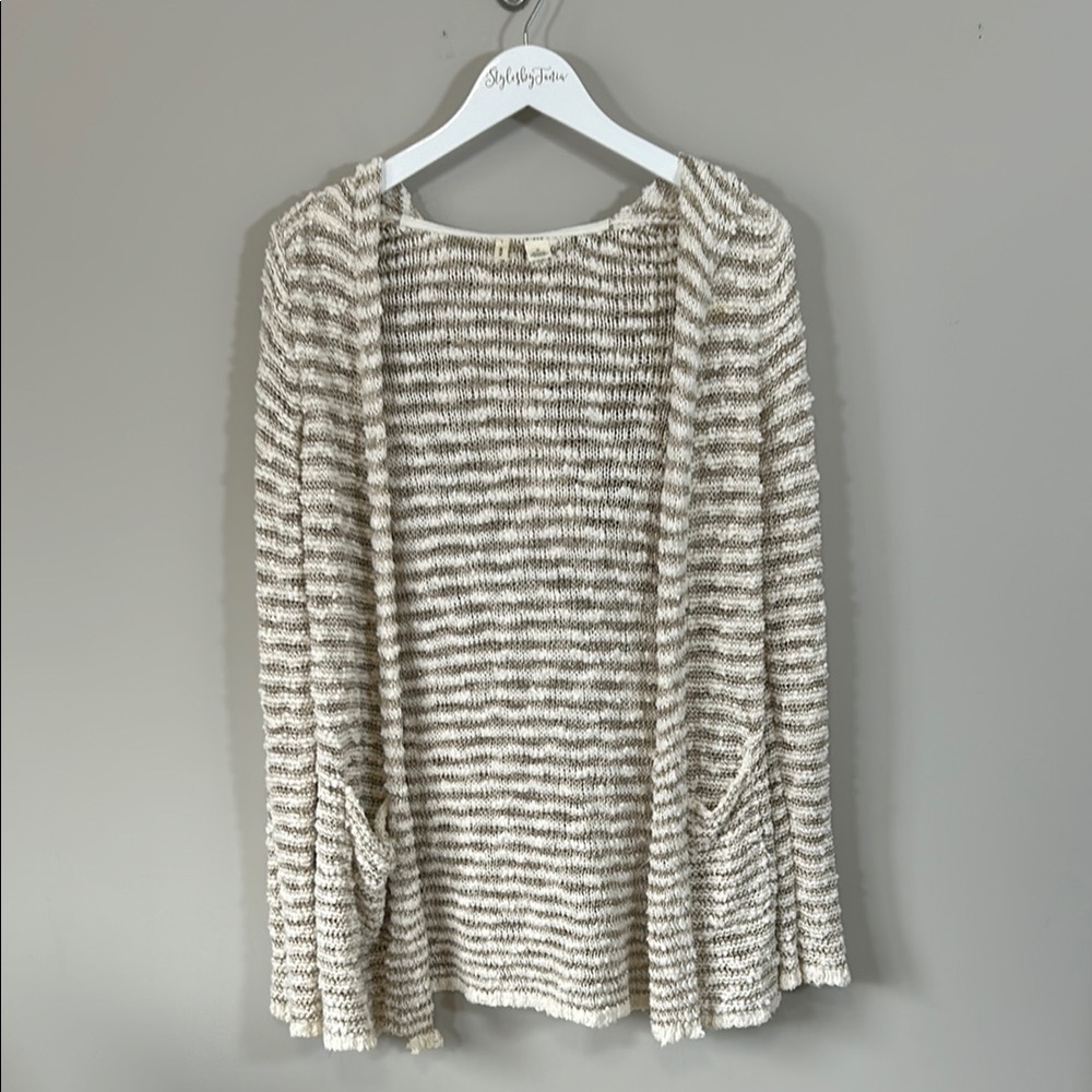 Anthropologie Moth Open Front Cardigan Sweater Beige Stripe Long Sleeve Pockets